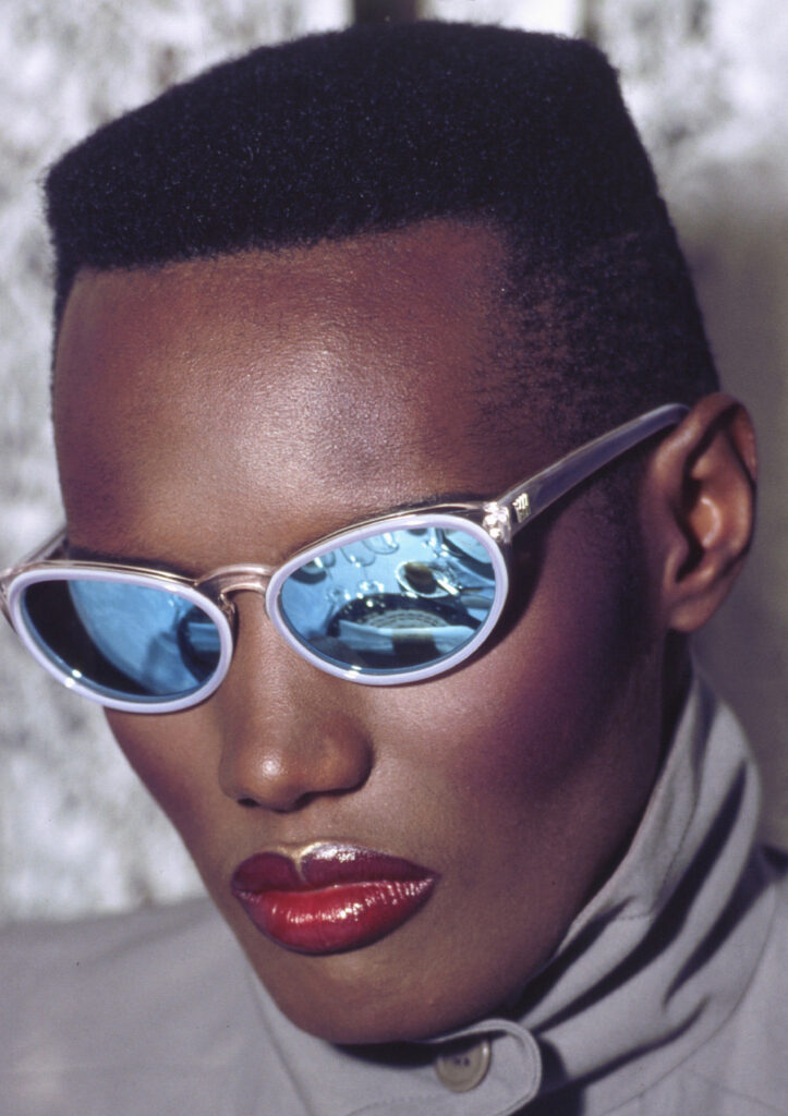 Grace Jones in a pair of archive Cutler and Gross sunglasses.